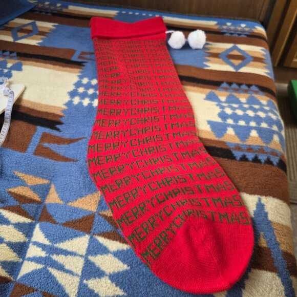 Vintage 1980s Knit Jumbo Christmas Stocking Red 35 in "Merry Christmas" w/ Poms - Picture 5 of 5
